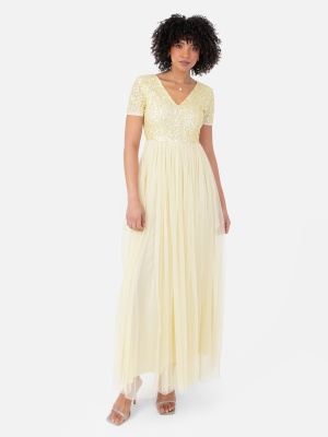 Maya Lemon Yellow V Neckline Embellished Maxi Dress - STRAIGHT SIZE Wholesale Pack