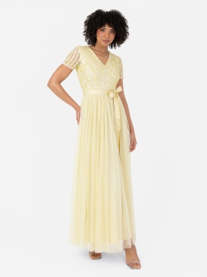 Maya Pale Yellow Stripe Embellished Maxi Dress With Sash Belt - STRAIGHT SIZE Wholesale Pack