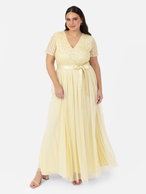 Maya Pale Yellow Stripe Embellished Maxi Dress With Sash Belt - PLUS SIZE Wholesale Pack