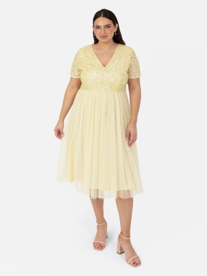 Maya Pale Yellow V Neckline Embellished Midi Dress - PLUS SIZE Wholesale Pack