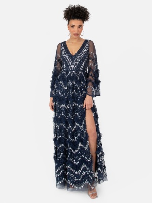 Maya Navy Fully Embellished Maxi Dress With Frill Detail - STRAIGHT SIZE Wholesale Pack