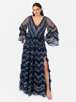 Maya Navy Fully Embellished Maxi Dress With Frill Detail - PLUS SIZE Wholesale Pack