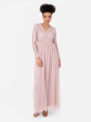 Maya Frosted Pink Stripe Embellished Faux Wrap Bodice Maxi Dress - STRAIGHT SIZE Wholesale Pack