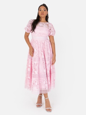 Maya Pink Premium Floral Lace Midi Dress with Lace Up Back - Wholesale Pack