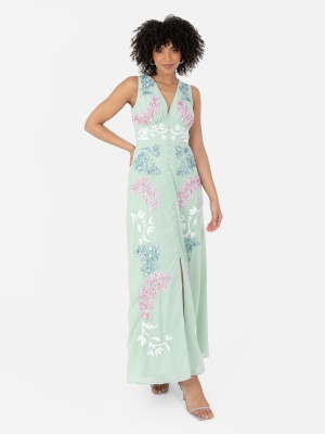 Maya Mint Floral Embellished Sleeveless Maxi Dress - Wholesale Pack