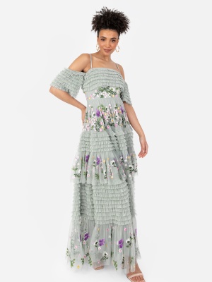 Maya Sage Green Floral Embroidered Ruffle Maxi Dress - Wholesale Pack
