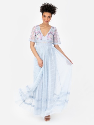 Maya Baby Blue Embroidered Spot Mesh Maxi Dress - Wholesale Pack