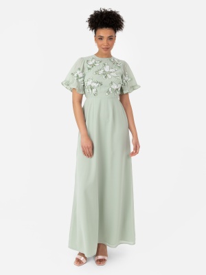 Maya Green Lily Floral Embellished Angel Sleeve Chiffon Maxi Dress - STRAIGHT SIZE Wholesale Pack