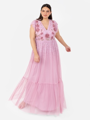 Maya Pink Rose Embellished Flutter Sleeve Maxi Dress - PLUS SIZE Wholesale Pack