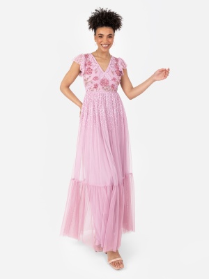 Maya Pink Rose Embellished Flutter Sleeve Maxi Dress - STRAIGHT SIZE Wholesale Pack