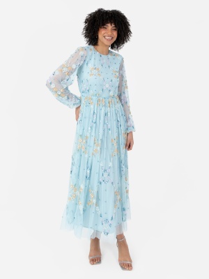 Maya Blue Floral Embellished Long Sleeve Midaxi Dress - Wholesale Pack
