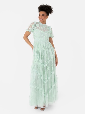 Maya Mint Floral Embellished Maxi Dress With Keyhole & Frill Detail - Wholesale Pack