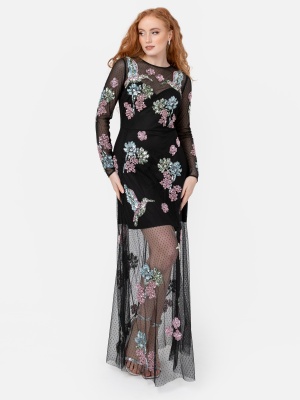 Maya Black Spot Mesh Embellished Long Sleeve Maxi Dress - Wholesale Pack