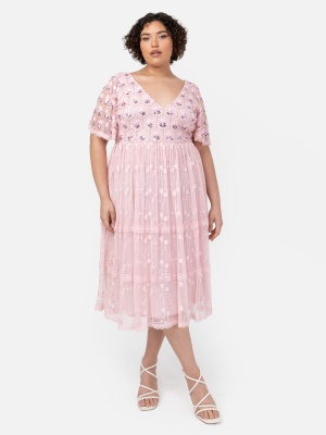 Maya Pink Floral Embellished Motif & Embroidery Midi Dress - PLUS SIZE Wholesale Pack
