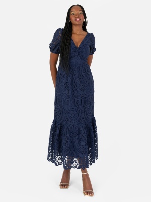 Maya Navy Short Sleeve Lace Midi Dress with Twist Detail - Wholesale Pack