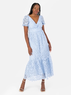 Maya Cornflower Blue Short Sleeve Lace Midi Dress with Twist Detail