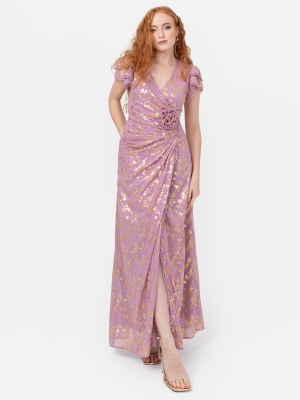 Maya Faux Wrap Maxi Dress with Gold Foil and Corsage Detail