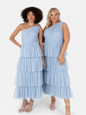 Anaya With Love Recycled Soft Blue One Shoulder Tiered Midi Dress