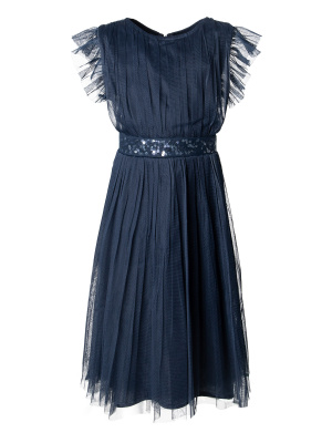Mini Maya Navy Midi Dress with Frill Sleeves and Embellished Waist - Wholesale Pack