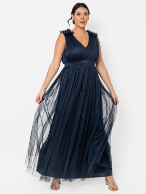 Maya Navy Maxi Dress with Ruffle Shoulder Detail  - PLUS SIZE Wholesale Pack