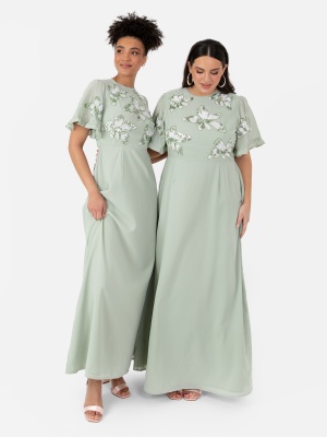 Maya Green Lily Floral Embellished Angel Sleeve Chiffon Maxi Dress 