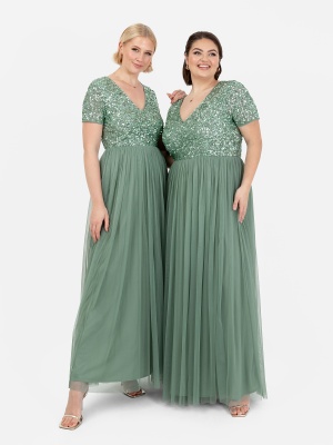 Maya Dark Sage Green V Neckline Embellished Maxi Dress