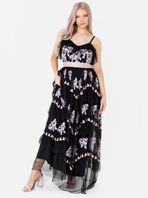 Maya Floral Embroidery Tired Black Maxi Dress