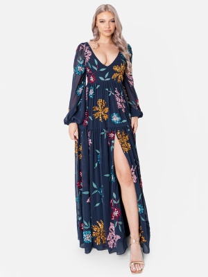 Maya Floral Embellished Navy Maxi Dress with Thigh Split 
