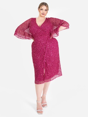 Maya Fuchsia Fully Embellished Faux Wrap Midi Dress 