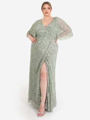 Maya Green Lily Fully Embellished Faux Wrap Maxi Dress