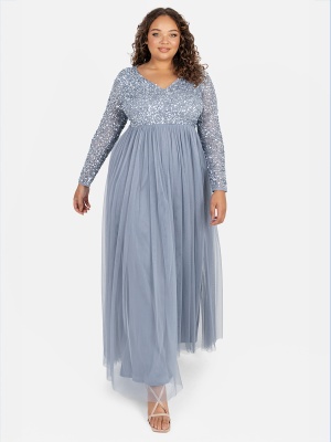 Maya Dusty Blue V Neck Embellished Long Sleeve Maxi Dress 