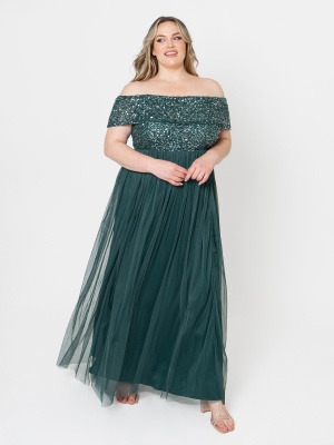 Maya Emerald Green Bardot Embellished Maxi Dress