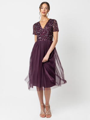 Maya Berry V Neckline Embellished Midi Dress - STRAIGHT SIZE Wholesale Pack