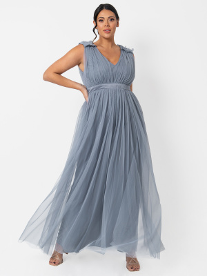 Maya Dusty Blue Maxi Dress with Ruffle Shoulder Detail - PLUS SIZE Wholesale Pack