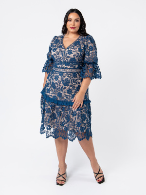 Lovedrobe Luxe Midnight Blue Lace Midi Dress with Puff Sleeves - Wholesale Pack