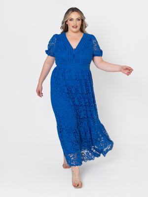 Lovedrobe Luxe Cobalt Lace Midaxi Dress with Button Detail - Wholesale Pack