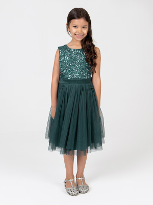 Mini Maya Emerald Green Delicate Sequin Midi Dress With Bow - Wholesale Pack