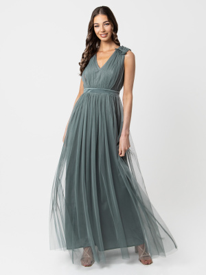 Maya Misty Green Maxi Dress with Ruffle Shoulder Detail - STRAIGHT SIZE Wholesale Pack