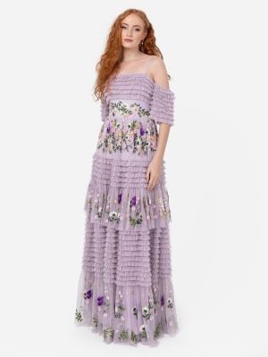 Maya Lilac Floral Embroidered Ruffle Maxi Dress - Wholesale Pack