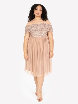 Maya Taupe Blush Bardot Embellished Midi Dress - STRAIGHT SIZE Wholesale Pack
