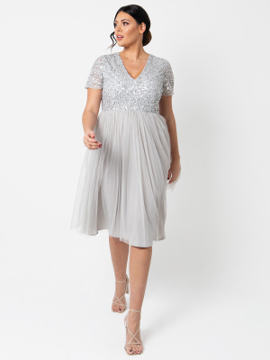 Maya Soft Grey V Neckline Embellished Midi Dress - PLUS SIZE Wholesale Pack