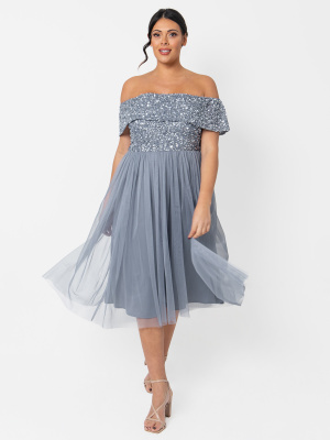 Maya Dusty Blue Bardot Embellished Midi Dress - PLUS SIZE Wholesale Pack