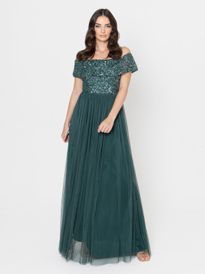 Maya Emerald Green Bardot Embellished Maxi Dress - STRAIGHT SIZE Wholesale Pack