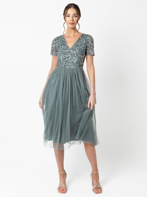 Maya Misty Green V Neckline Embellished Midi Dress - STRAIGHT SIZE Wholesale Pack