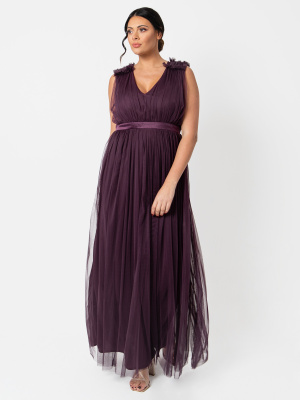 Maya Berry Maxi Dress with Ruffle Shoulder Detail - PLUS SIZE Wholesale Pack
