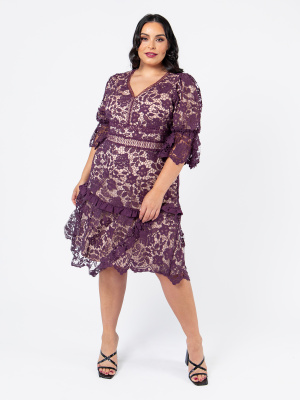 Lovedrobe Luxe Berry Lace Midi Dress with Puff Sleeves - Wholesale Pack