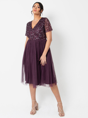 Maya Berry V Neckline Embellished Midi Dress - PLUS SIZE Wholesale Pack