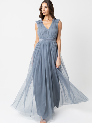 Maya Dusty Blue Maxi Dress with Ruffle Shoulder Detail - STRAIGHT SIZE Wholesale Pack