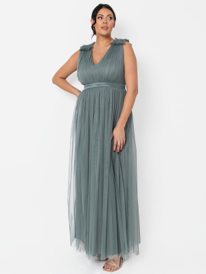 Maya Misty Green Maxi Dress with Ruffle Shoulder Detail - PLUS SIZE Wholesale Pack
