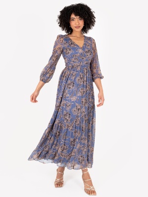 Lovedrobe Blue Floral Long Sleeve Midi Dress With Self-Tie Back